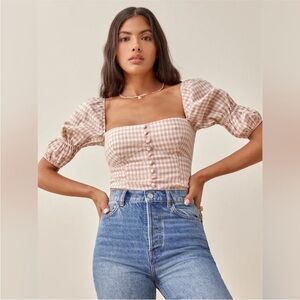 Reformation Norton Linen Top Blush Check